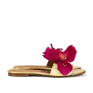 Gold Slide Sandals with Fuchsia Floral Accent